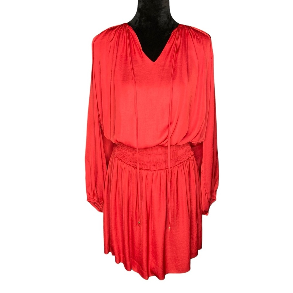 White House Black Market Red Long Sleeve V-Neck Pleated Waist Dress